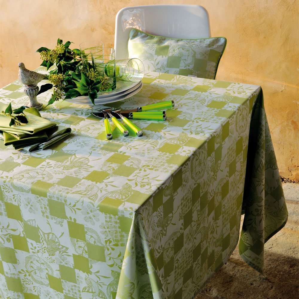 Garnier Thiebaut Coated Rectangular Tablecloth Mille Birds Garden Green