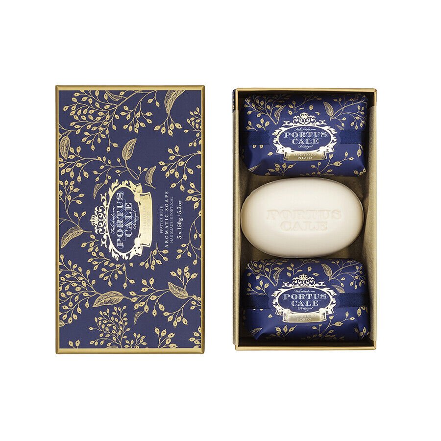 Portus Cale Festive Blue Scented Soaps Set of 3 in Box (3 x 150g) Luxury Fragrance of  Fir Cedar Rosemary