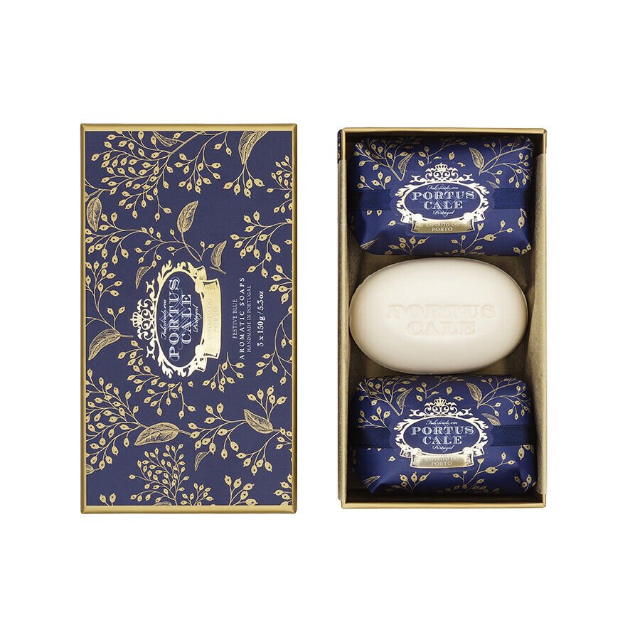 Portus Cale Festive Blue Bar Soaps Gift Set of 3 | Fir, Cedar & Rosemary