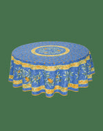 Round French Provencal Tablecloth Cigale Blue, 70" Round, Easy Care Stain Resistant, Acrylic Coated 100% Cotton by Tissus Toselli,  Provencal French Luxury Linen