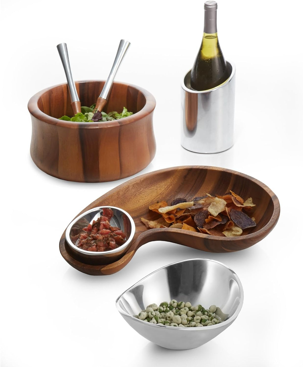 Nambe Nara Wooden Salad Bowl with Servers | 3 Piece Set