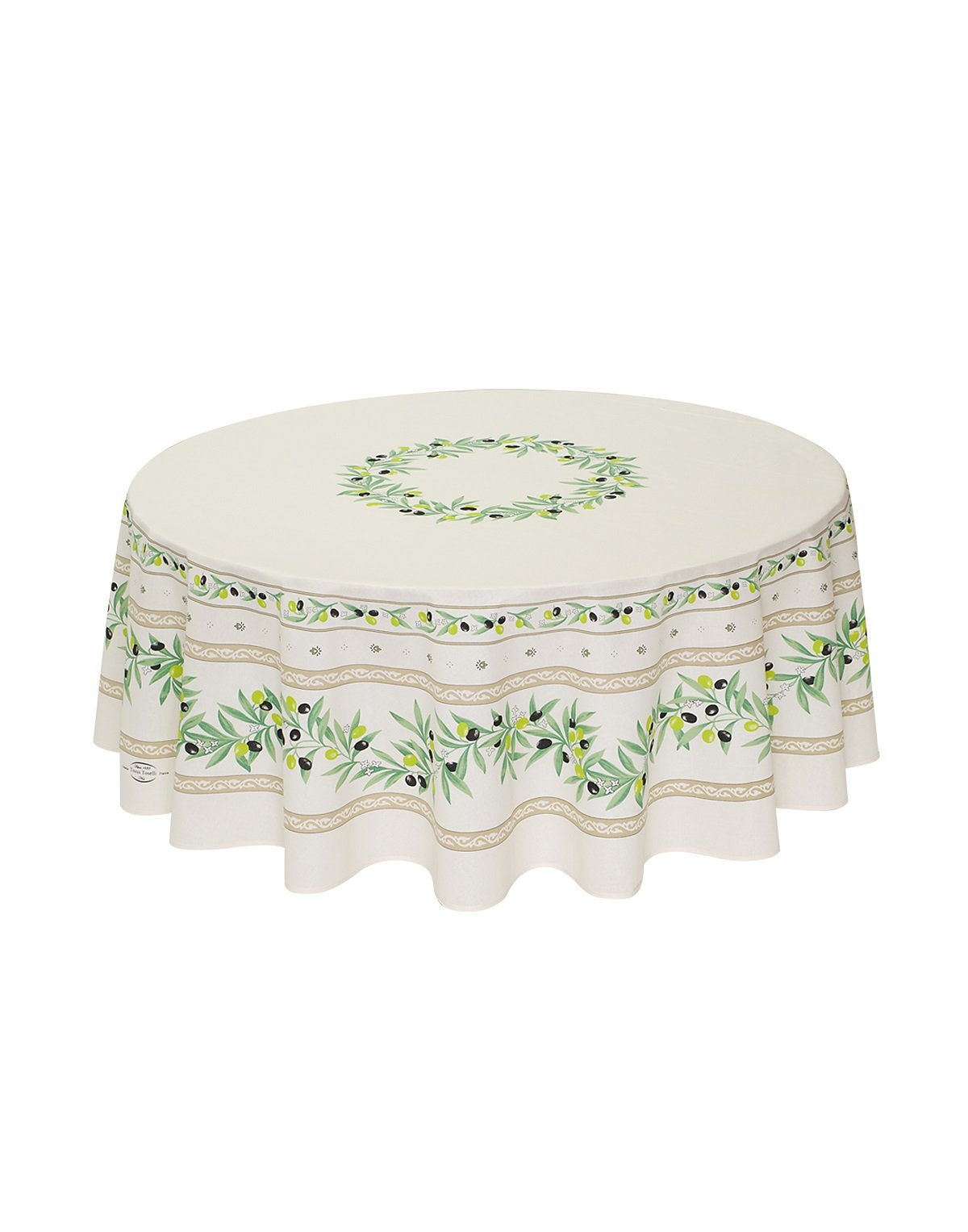 Ramatuelle Olives Ecru Provencal Tablecloth | 70" Round | Easy Care Coated Cotton