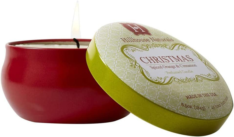 Hillhouse Naturals Christmas Scented Candles in a Tin | Ripe Orange and Cinnamon Spice 6.5 oz
