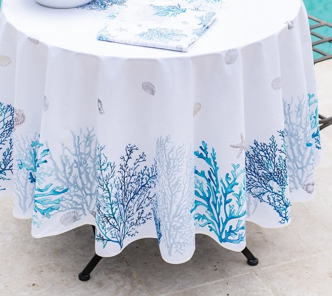 Lagon Blue & White Provencal Tablecloth | 70" Round | Easy Care Coated Cotton