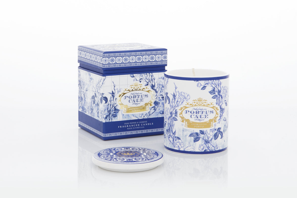 Portus Cale Gold & Blue Scented Candle in a Porcelain Vase | Pink Pepper & Jasmine