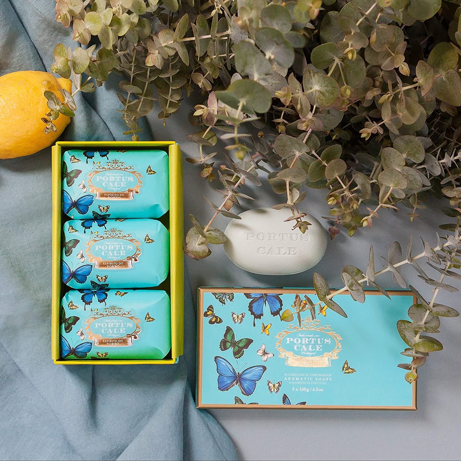 Portus Cale Butterflies Bar Soaps Gift Set of 3 | Sugarcane & Lemongrass
