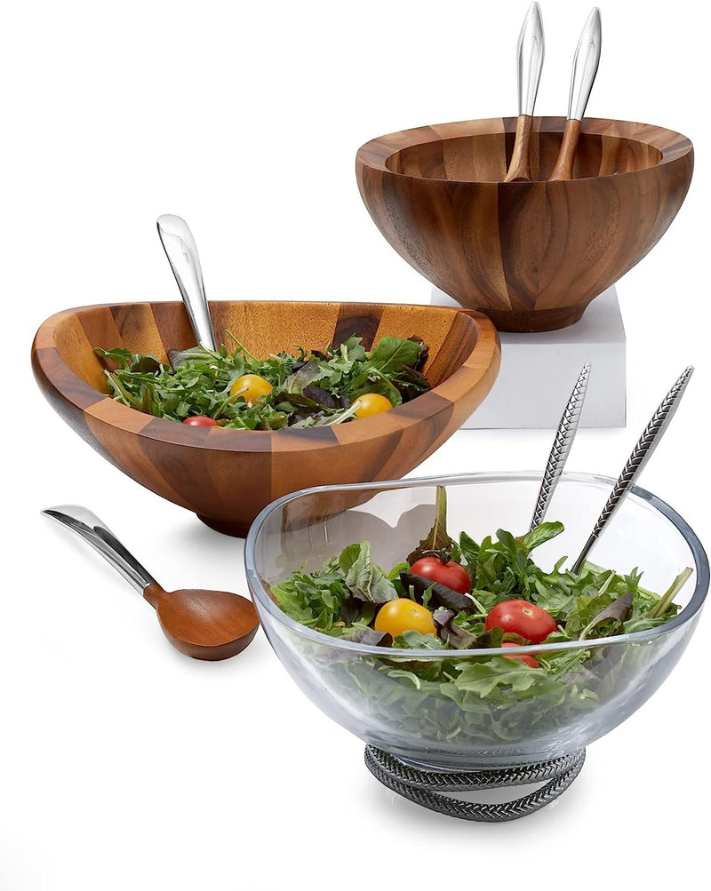 Nambe Yaro Acacia Wood Salad Bowl with 2 Salad Servers | Made of Acacia wood and Nambe Alloy | Large Deep Wooden Bowls | Acacia Wood Salad Bowl Set | Designed by Sean O’hara