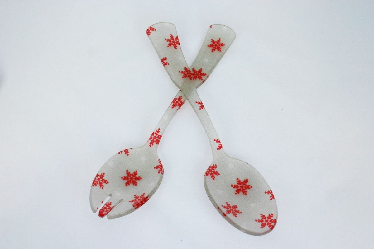 Old Fashion Honorine Salad Serving Set with Snowflakes | Red and White