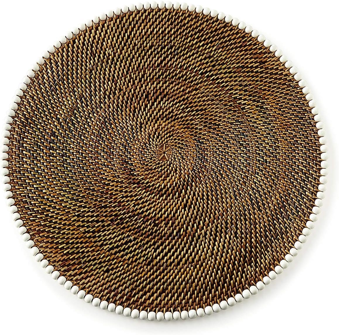 Artisan Woven Rattan Round Luxury Placemats with White Beads | Set of 4