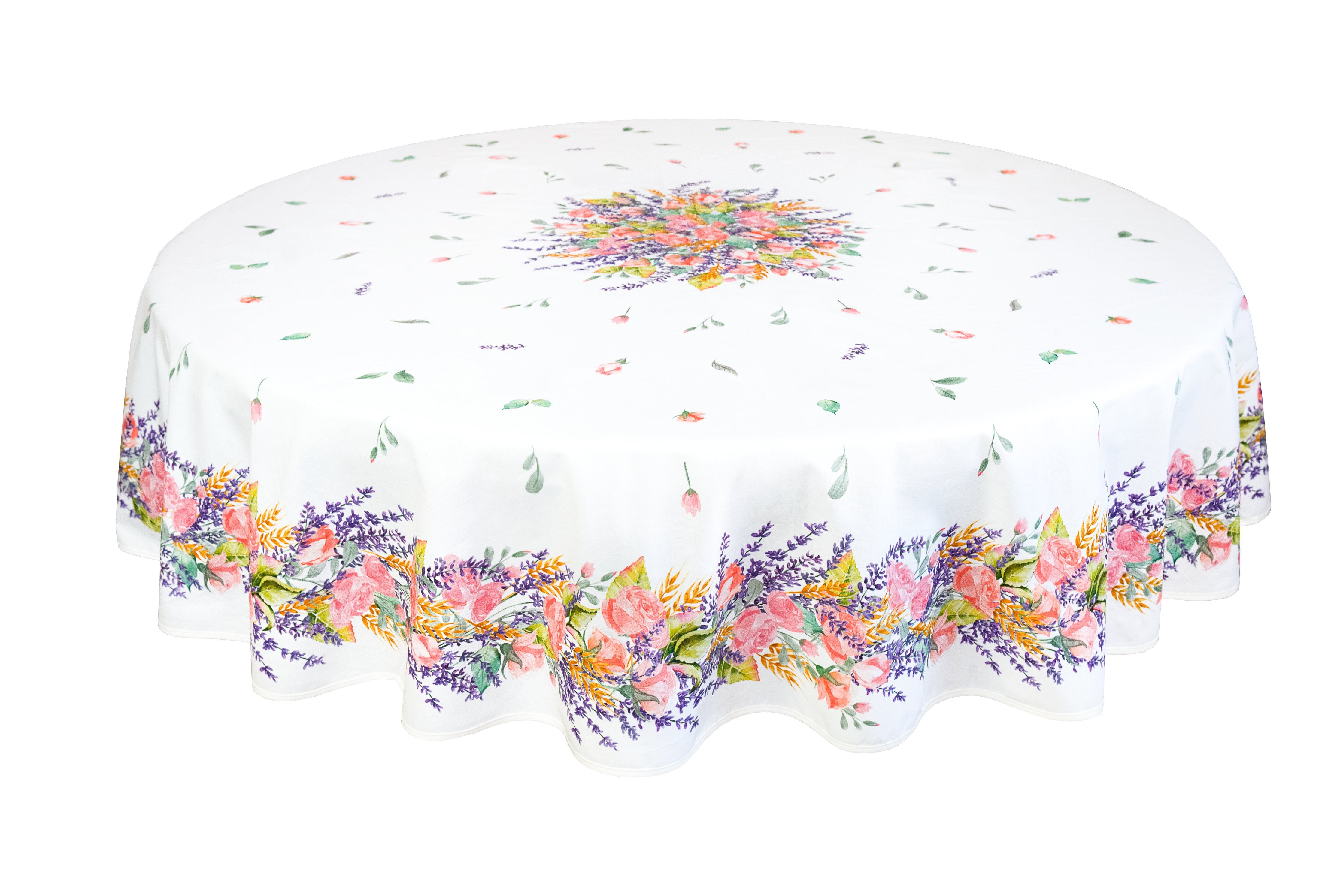 Grasse White Flowers Round Coated French Provencal Tablecloth