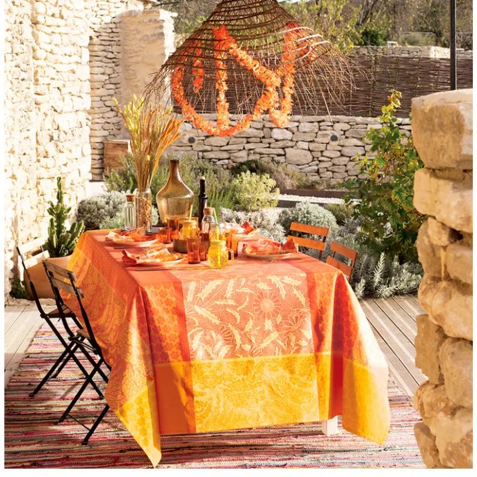 Garnier Thiebaut Graminees Orange Tablecloth French Jacquard | 69" Square