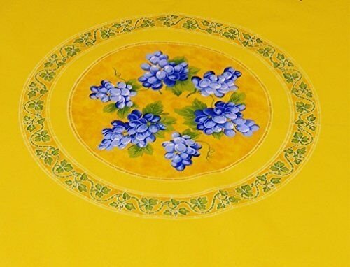 Grapes Yellow Provencal Tablecloth | 70" Round | Easy Care Coated Cotton