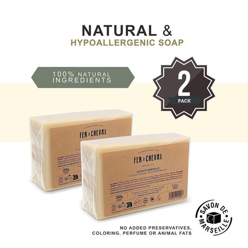 Fer à Cheval Vegetal Toilet Marseille Soaps, Authentic Savon De Marseille Soap Bar, Natural and Hypoallergenic French Cube Soaps, 250g, Pack of 2