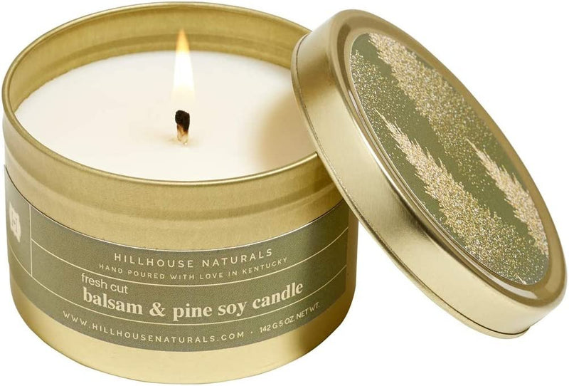 Fresh Cut Balsam & Pine Scented Soy Candle In Gold Tin | Fresh Cut Balsam & Pine