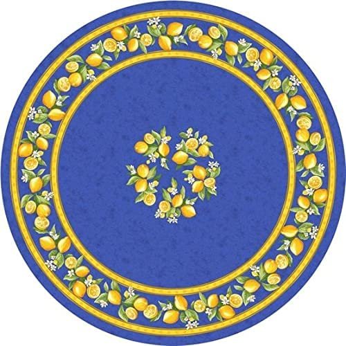 Citron Blue (Bleu) Provencal Tablecloth | 70" Round | Easy Care Coated Cotton