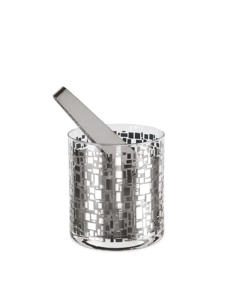 Egizia Small Ice Bucket Quadrotto Silver on Glass (Tongs not Included)