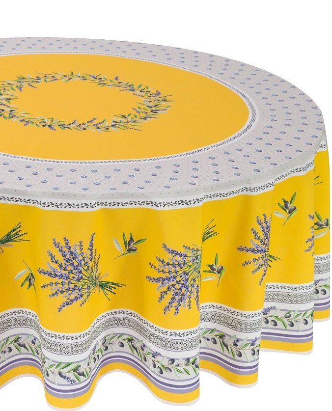 Lauris Yellow Provencal Tablecloth | 70" Round | Easy Care Coated Cotton