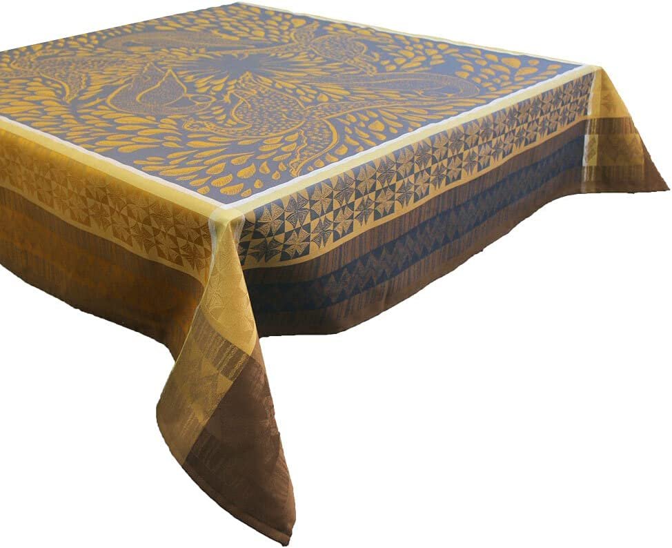 Garnier Thiebaut Jacquard Square Tablecloth Anhinga Bleu Dore - Thumbnail 5