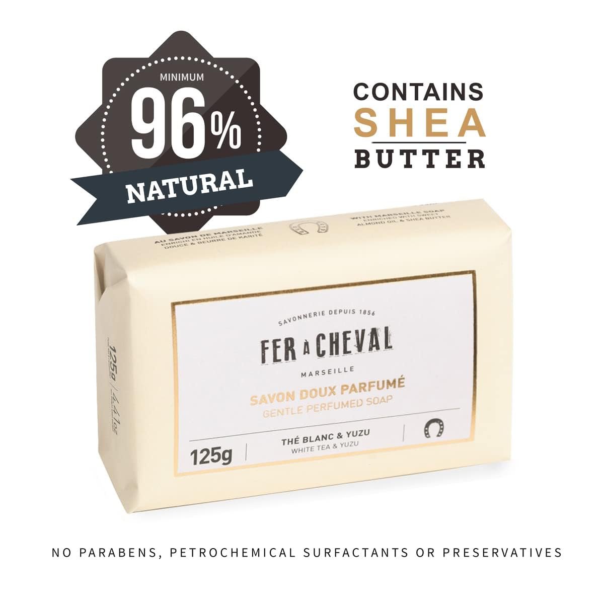 Fer à Cheval Natural Marseille Soap Bars, Pack of 2 - Gentle Perfumed Soap with White Tea & Yuzu Scent - Organic Bath Soap - Enriched with Shea Butter & Sweet Almond Oil, 125g Each