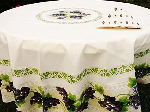 Le Cluny Grapes Cream Coated Provencal Tablecloth | Easy-Care Cotton | 70" Round