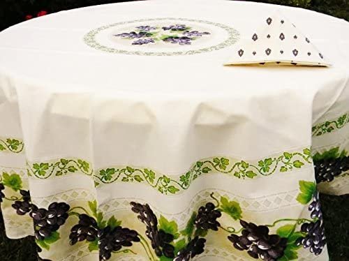 Grapes Cream Provencal Tablecloth | 70" Round | Easy Care Coated Cotton