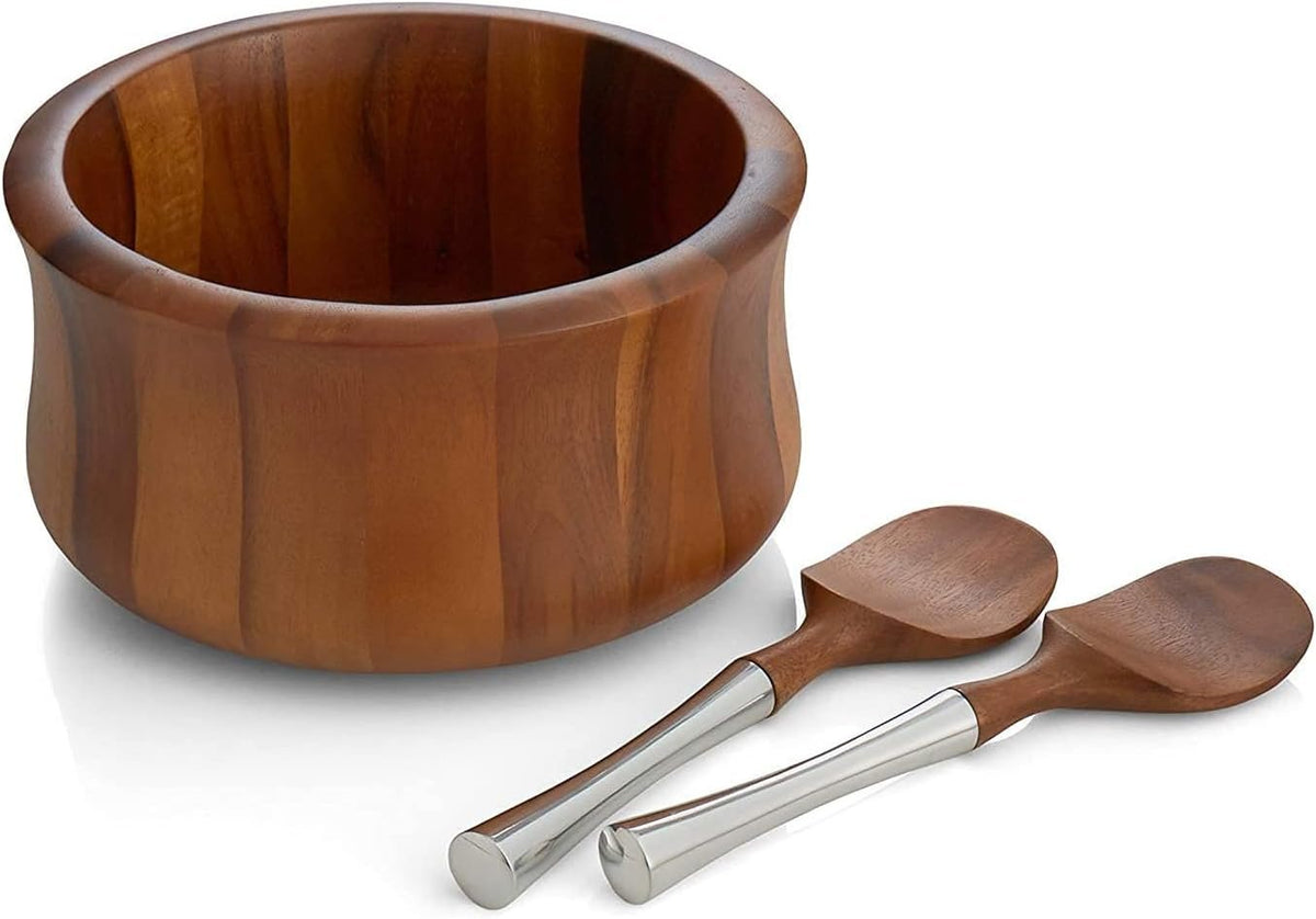 Nambe Nara Wooden Salad Bowl with Servers | 3 Piece Set