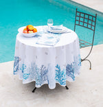 Lagon Blue & White Provencal Tablecloth | 70" Round | Easy Care Coated Cotton