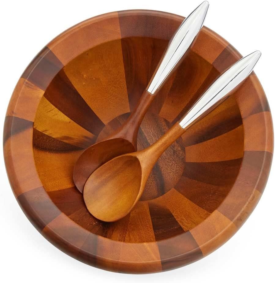 Nambe Yaro Acacia Wood Salad Bowl with 2 Salad Servers | Made of Acacia wood and Nambe Alloy | Large Deep Wooden Bowls | Acacia Wood Salad Bowl Set | Designed by Sean O’hara