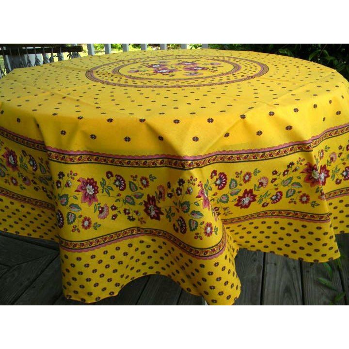 Le Cluny Fayence Yellow Coated Provencal Tablecloth | Easy-Care Cotton | 70" Round