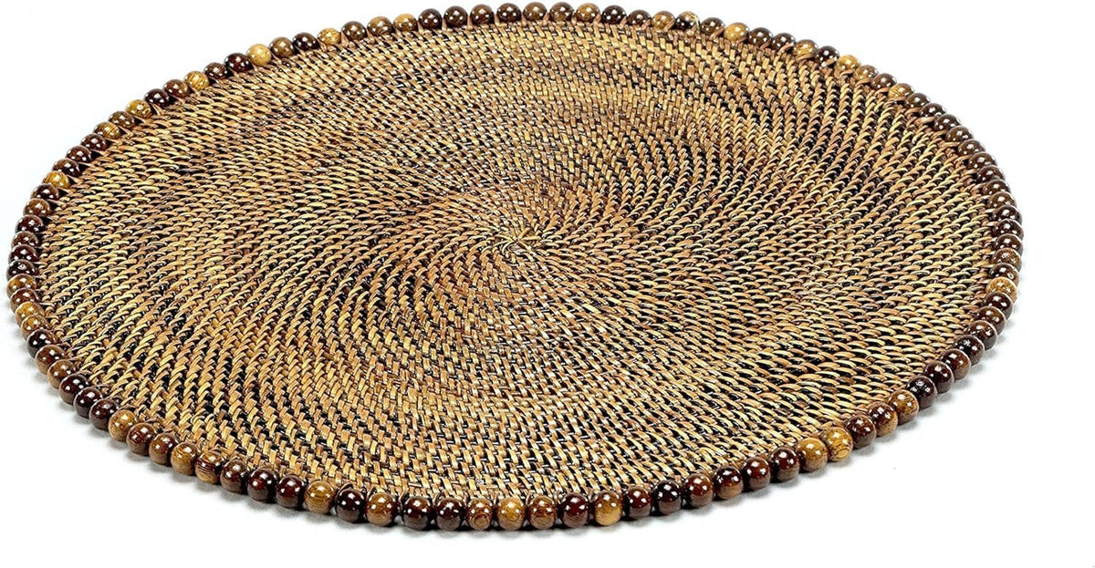 Artisan Woven Rattan Round Luxury Placemats with Dark Walnut Beads | Set of 4