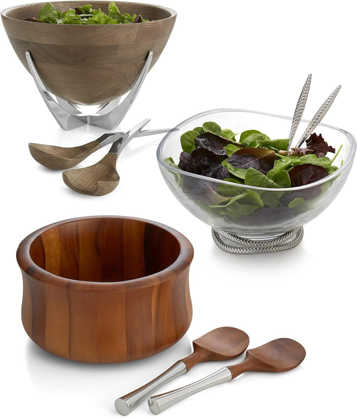 Nambe Nara Wooden Salad Bowl with Servers | 3 Piece Set