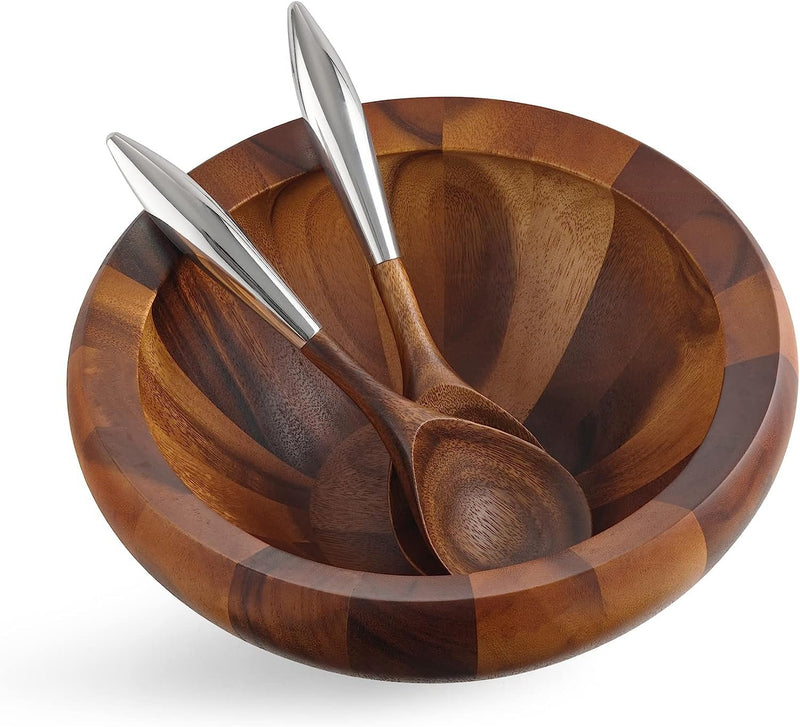 Nambe Yaro Acacia Wood Salad Bowl with 2 Salad Servers | Made of Acacia wood and Nambe Alloy | Large Deep Wooden Bowls | Acacia Wood Salad Bowl Set | Designed by Sean O’hara