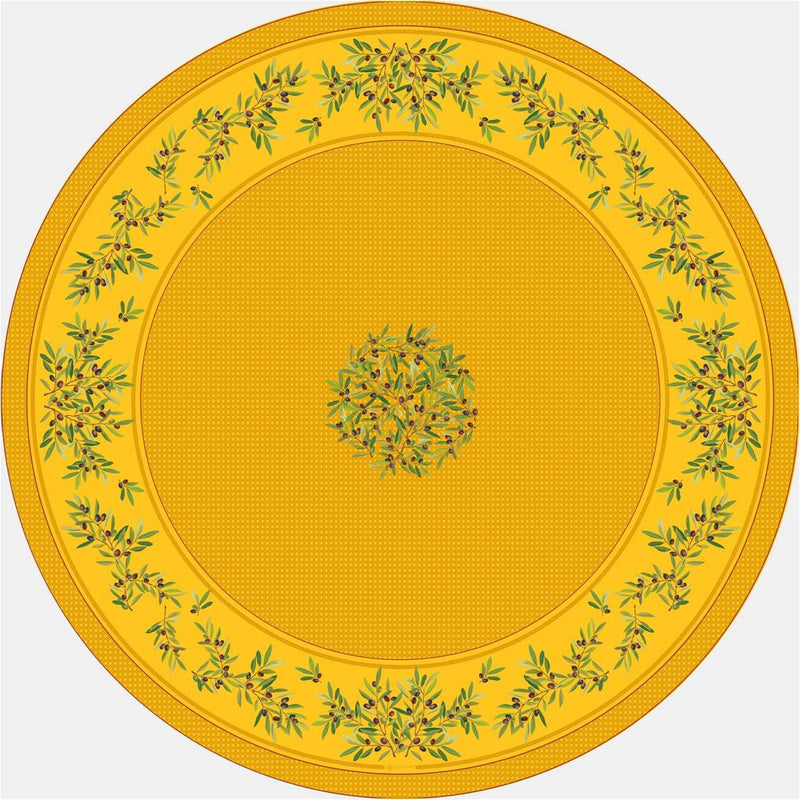 Nyons Yellow (Jaune) Round Provencal Tablecloth | 90" Round | Easy Care Coated Cotton