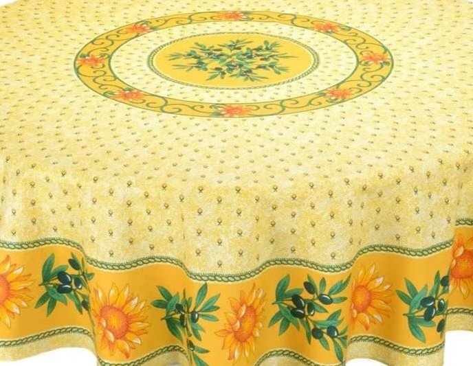 Sunflower Yellow Round Coated Cotton Tablecloth 70” Round