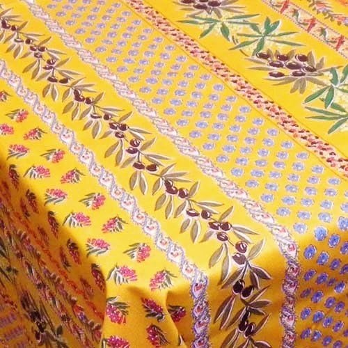 Olives & Mimosas Yellow Provencal Tablecloth | 70" Round | Easy Care Coated Cotton